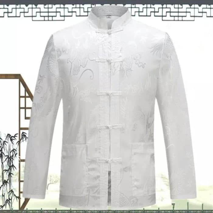 promo ✨ -PROMO Cheongsam Pria Lengan Panjang Motif Naga - Putih, S