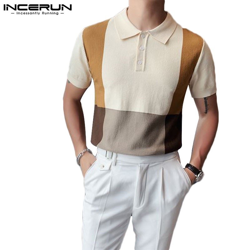 INCERUN Color Block Contrast Short Sleeve Knitted Polo Top POLO Shirts