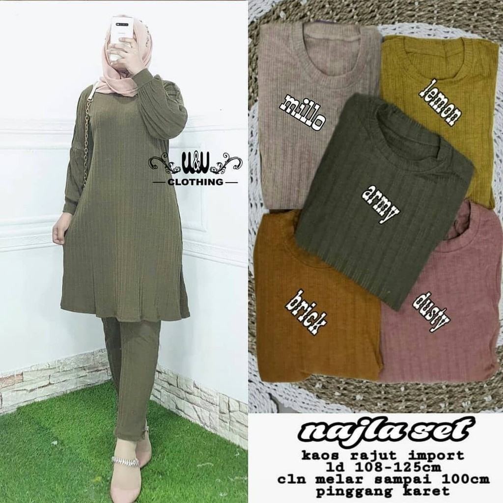 MUMU - Najla Set Setelan Tunik Lengan Panjang dan Celana Kaos Import Muslimah By Clothing Solo