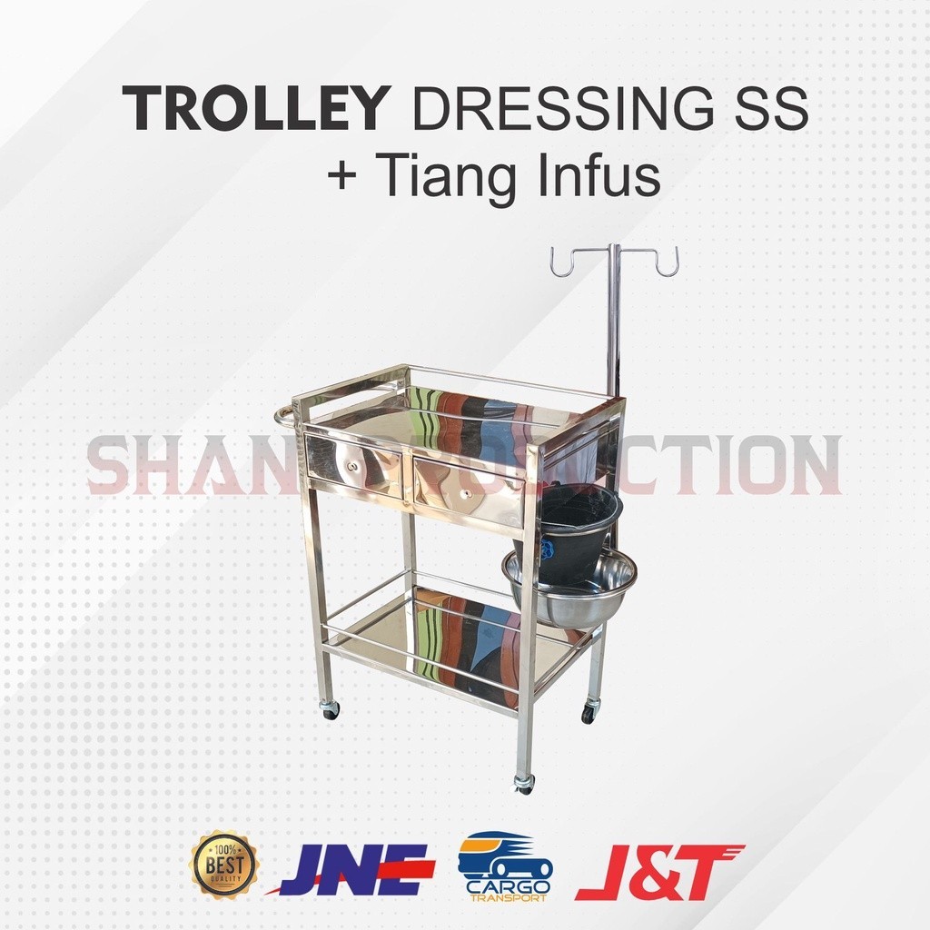 Trolley Dressing 2 Rak + Tiang Infus Stainless Steel - Troli Dressing 2 Rak + Tiang Infusan Stainles