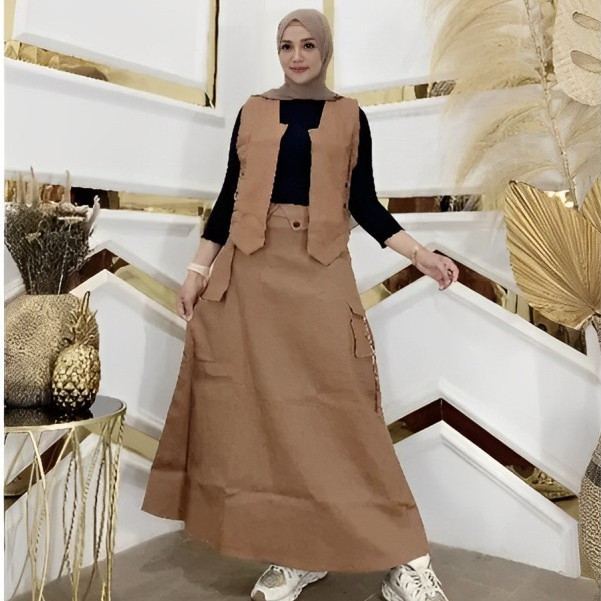 One Set Rompi Skirt Cargo Ohara Bahan Katun Linen Setelan Wanita Rompi Rok Cargo Kekinian Korean Sty
