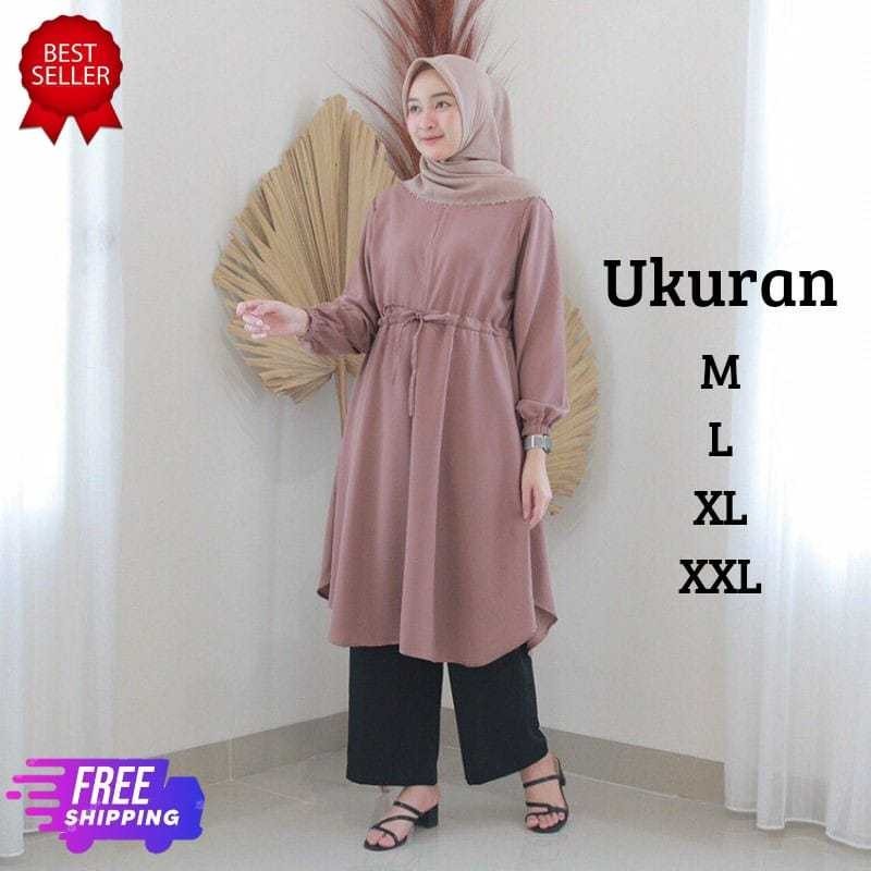 Tunik Wanita Muslim Lengan Panjang Terbaru 2024 Tali Pinggang Serut Pakaian tunik Remaja Modern Tren
