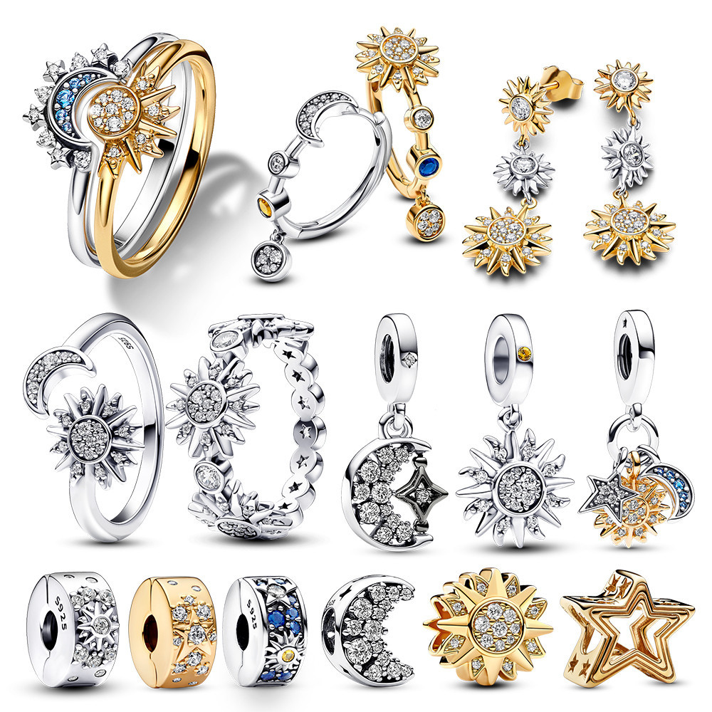 Summer Celestial Blue Sparkling Moon And Sun Ring Collection Clip Charm fit for Original Women Pando