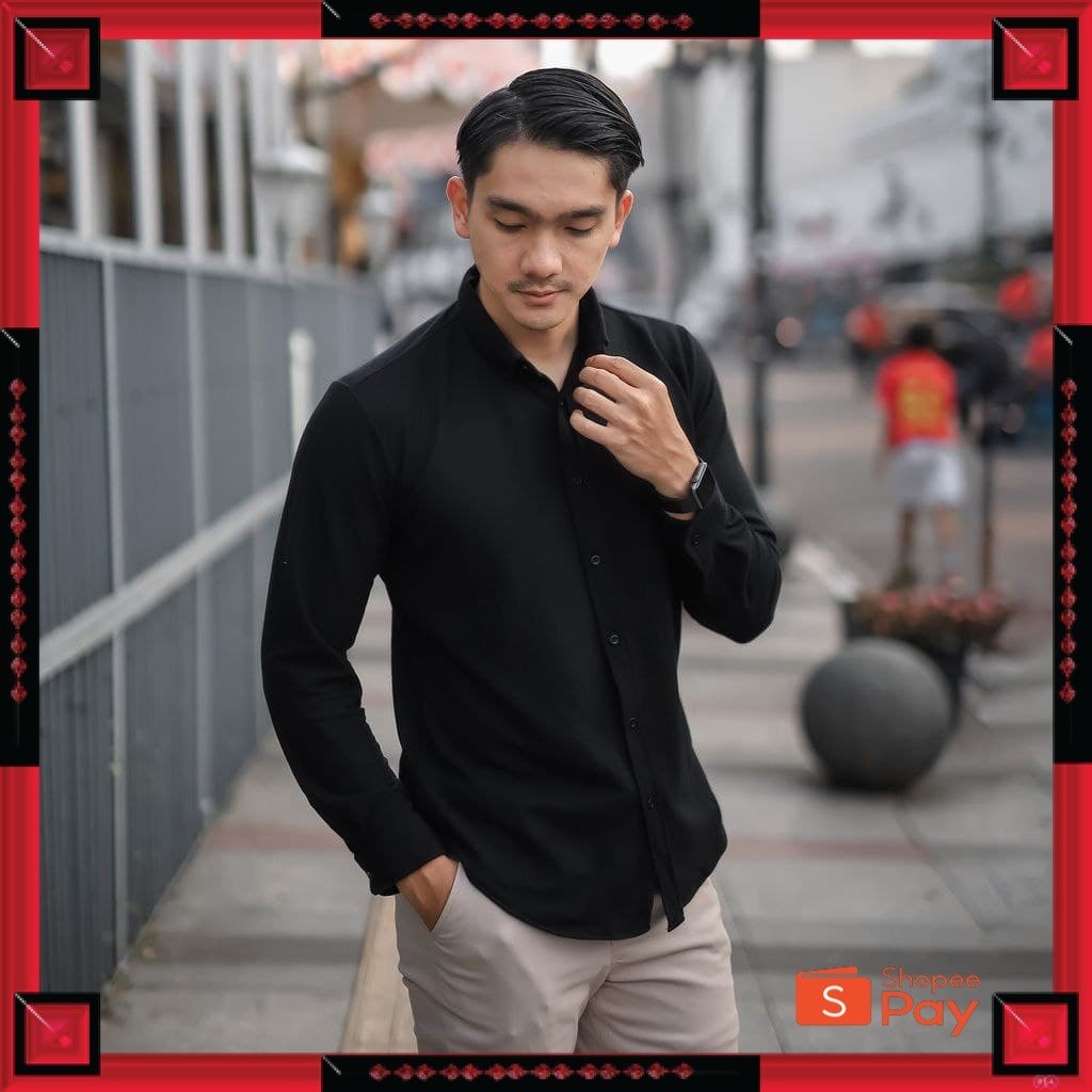 KAIN ADEM LEMBUT HALUS TEBAL / Kemeja pria polos lengan panjang distro slimfit premium warna hitam p