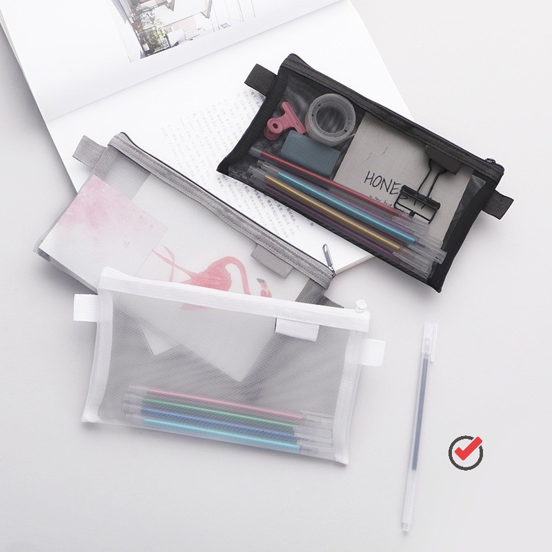 

Tas pensil transparan sederhana siswa kecil segar tas penyimpanan ritsleting kapasitas besar portabel tas pensil jaring