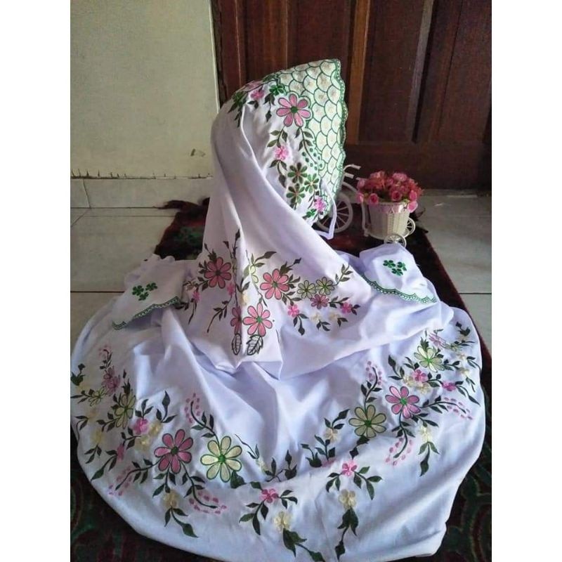 Mukena Terusan lajuran Dewasa Santri Minang Jumbo Putih katun Bordir Merambat Bahan polino Adem muke