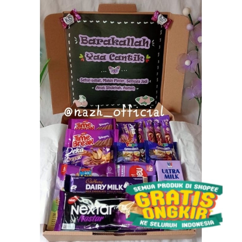 

SNACK BOX Kado Ulang Tahun/ Kado Wisuda/ Kado Anniversary / Paket Ungu/ hitam putih pink polos