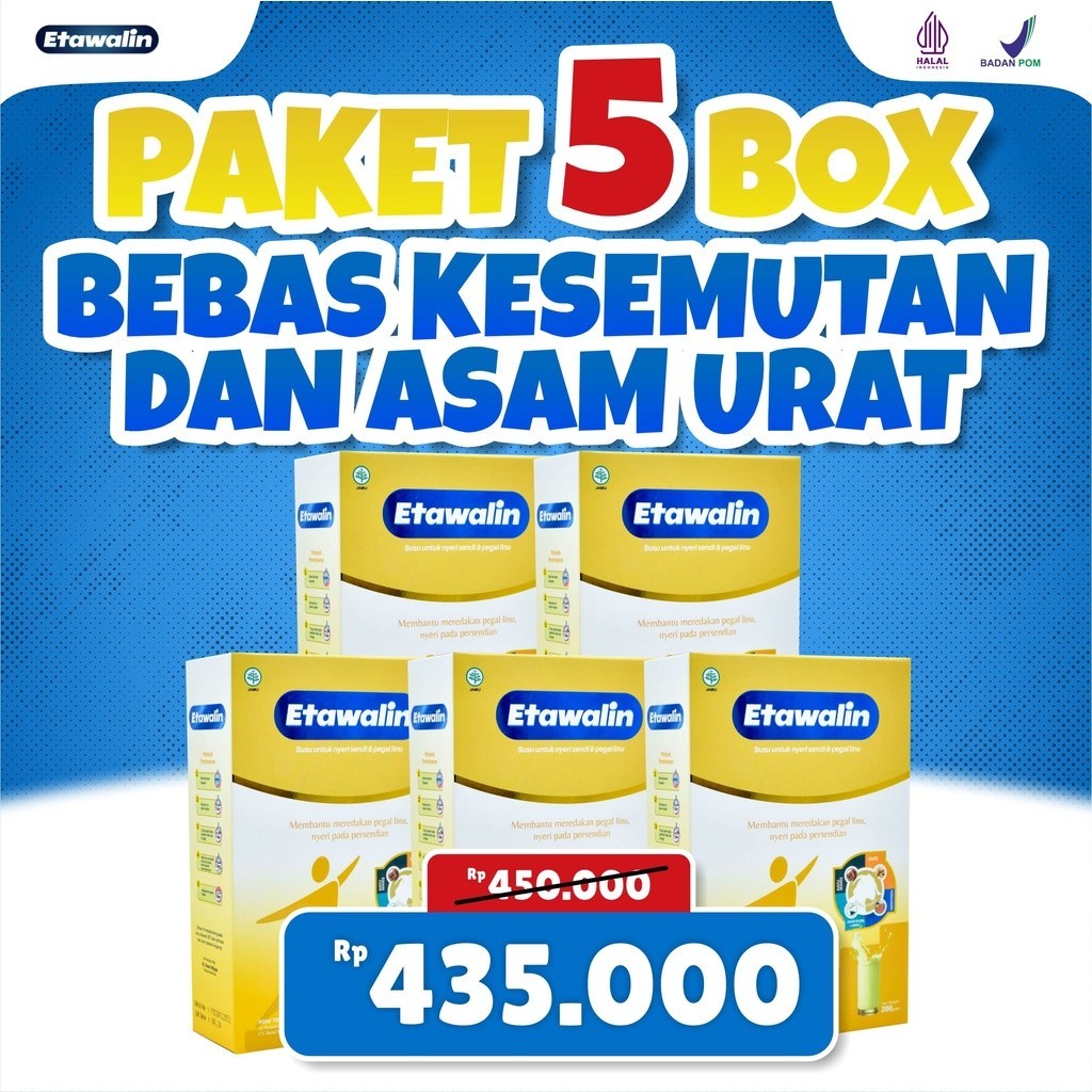 

Susu Etawalin - Susu Etawalin Paket 5 box Susu Kambing Etawa Premium Deangan Campuran Bahan Herbal Alami Bantu Mengatsi Masalah Persendian Pegal Pegal Rematik Asamurat Pegal Linu Saraf Kejepit Resmi Terdaftar BPOM dan MUI Hallal