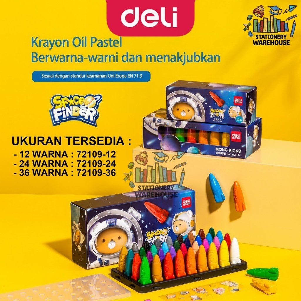 

Deli Oil Pastel Crayon Plastik / Crayon / Krayon anak bentuk Rocket Space Finder 12 24 36 warna Free Sticker 72109-12 72109-24 72109-36