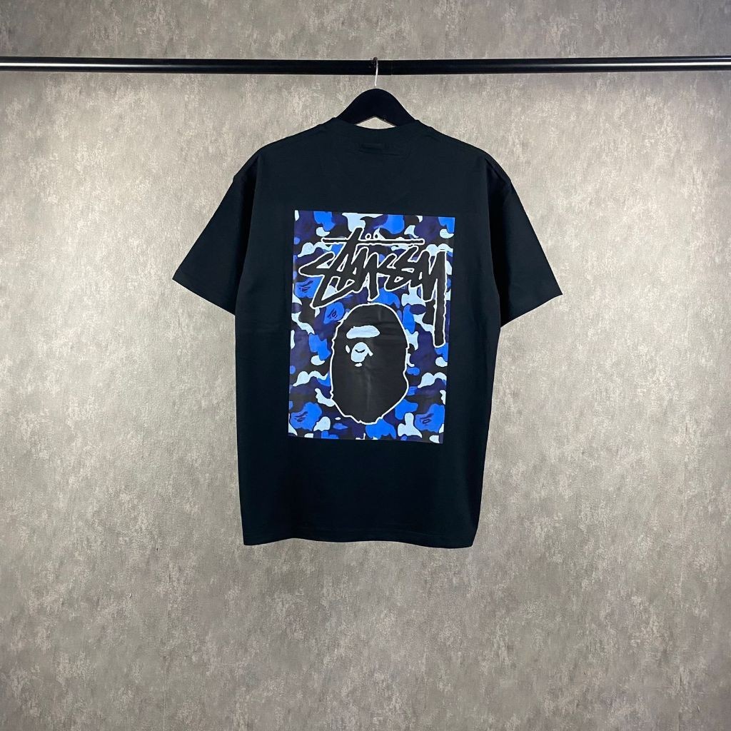 Kaos Oversize Baju Kaos STUSSY X BAPE Ape Head Black Tee Cotton T-Shirt Baju Kaos Atasan Pria & Wani