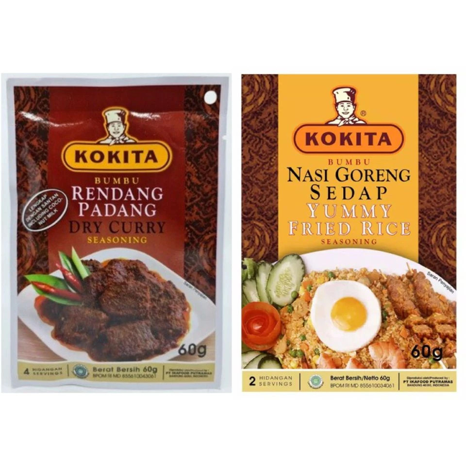 

Bumbu Kokita Variant Rendang dan Nasi Goreng kemasan 60g adalah bumbu dasar masakan Indonesia yang terbuat dari rempah-rempah, minyak nabati, garam, gula, pati, penguat rasa, dan antioksidan.