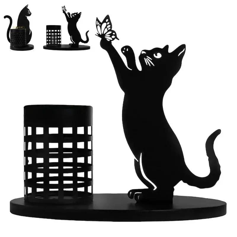 Cute Pen Container Black Portable Large Capacity Cat Pen Holder  Metal Iron Pen Pencil Holder Organi
