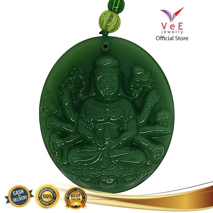 Kalung Liontin Batu Giok Asli Cina Dewi Durga Tangan Seribu Bulat