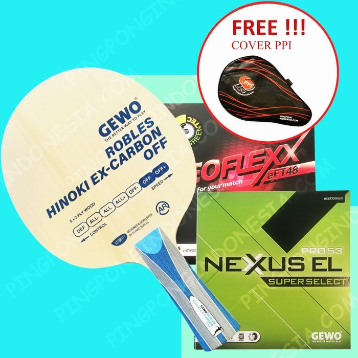 Paket Gewo Robles Hinoki Ex-Carbon OFF & Neoflexx 48 - Set Rakitan Blade Kayu Pingpong Tenis Meja Be