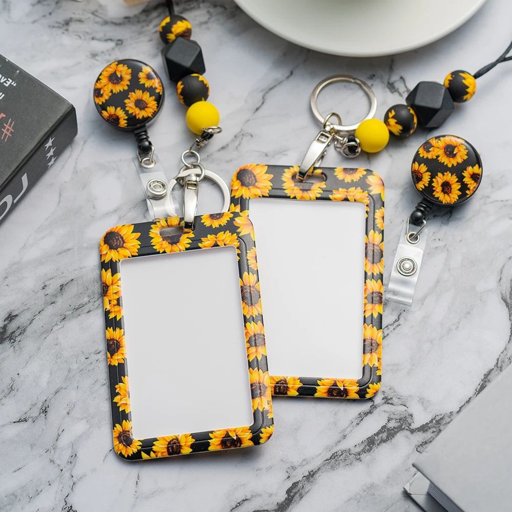 

2 Sunflower Bead Badge Clip Set Hanging Rope Scroll Clamp Scalable Belt Crocodile Clip ID Card Decoration for Teacher Nurse