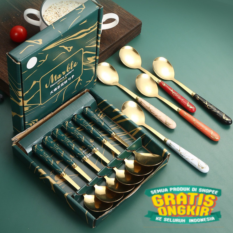 

( AJ )Sendok Marble 1 Set Isi 6 Pcs / Box Gift Set Hampers sendok makan sultan/ keluarga oleh oleh