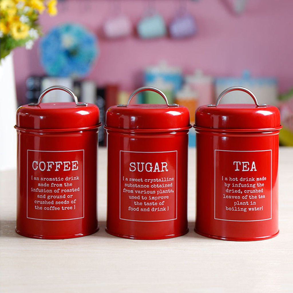 

Set Of 3 Tea Coffee Sugar Metal Jar Kitchen Storage Box Food Canister Bins Kitchen Container with Lids