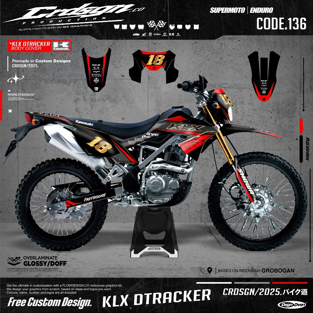 DECAL KLX BF 150 KOMBINASI WARNA HITAM DAN MERAH, CROME HOLOGRAM SUPERGLOSSY FULLBODY BISA REQUES NA