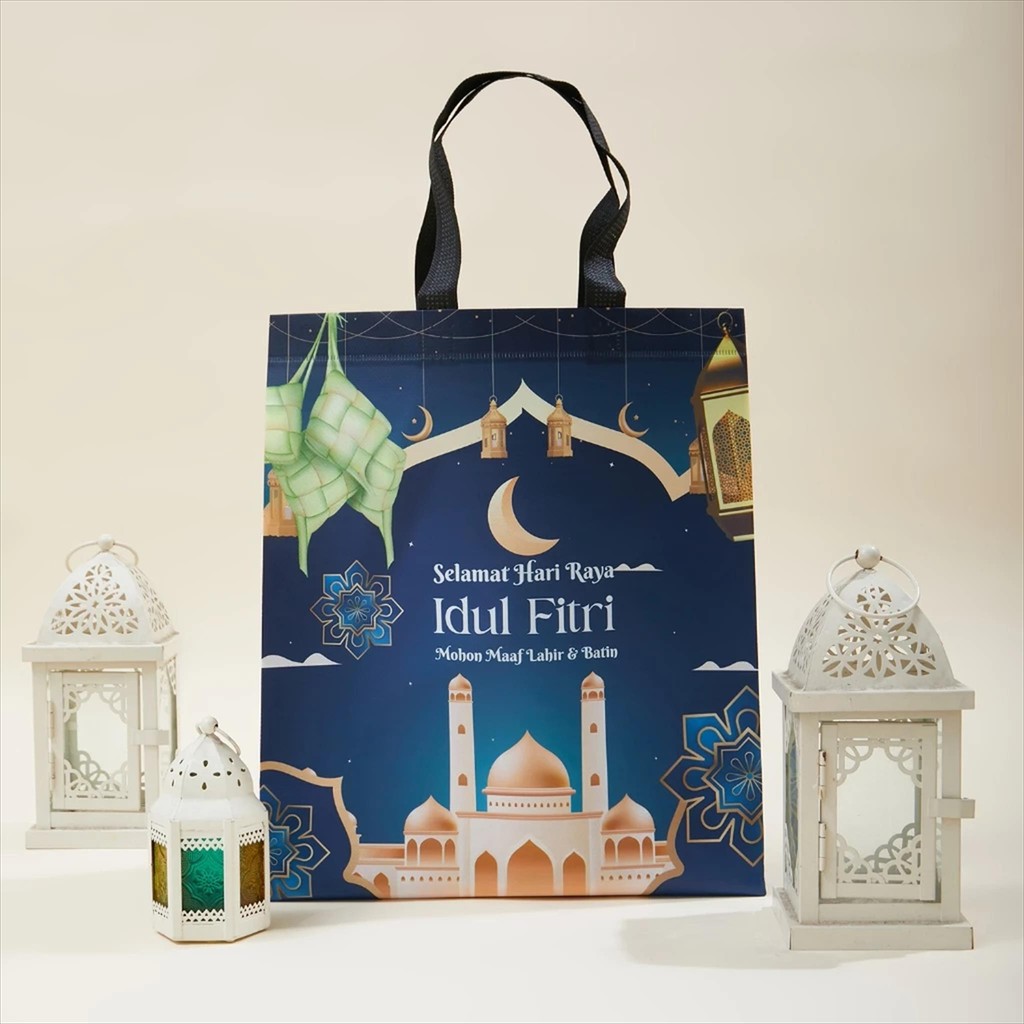 

(TasLebaran) Tas Kain Kanvas Plastik Goodie Bag Lebaran Hampers Laminasi Waterproof Lebaran Idul Fitri Standing Box Handle
