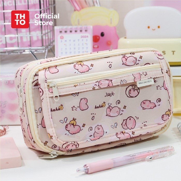 

[P R O M O] THTO Layer Tas Tempat Pensil Case Pouch Anak Sekolah Capybara Transparan PVC Stationery Kantor A122 - Pink