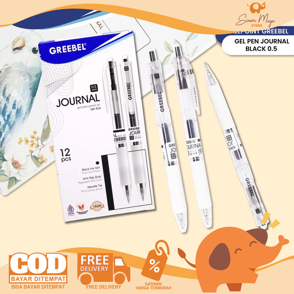

GREEBEL Retractable Gel Pen 0.5mm GP-514 JOURNAL Pulpen Gel Hitam Anti Slip SATUAN Murah