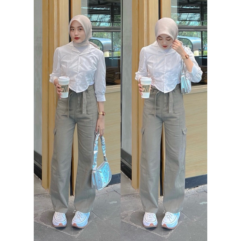 Celana Jeans Cargo HW Wanita Super Premium J41 - Variasi Pinggang Ikat Tali Depan Jeans Cargo Korean