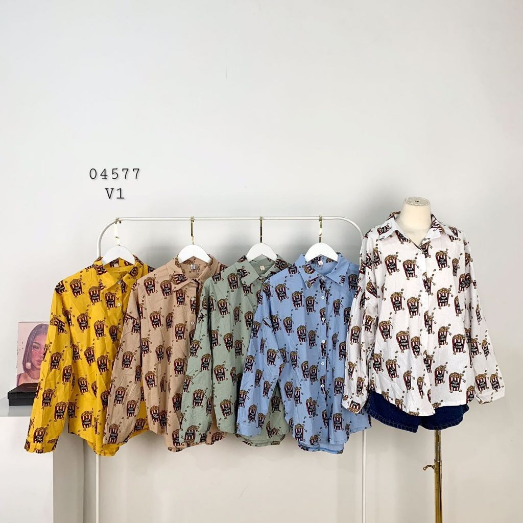 ATASAN KEMEJA KATUN FULL PRINT MOTIF POPCORN AND GOOD BOY LENGAN PANJANG PREMIUM BASIC KEMEJA KATUN 