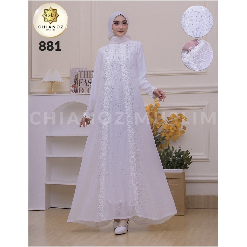 CHIANOZ Gamis Putih Mewah Serena Dress Brukat Renda Baju Lebaran Umroh Haji Manasik Pesta Akad 881/ 