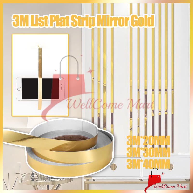List Plat Strip Mirror Gold 20MM×3MxT 0.8MM / 3M List Plat Strip Mirror Gold / Stiker Dekorasi Lanta