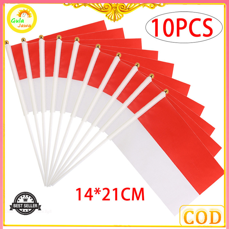 10pcs Bendera Kain Merah Putih Kecil Indonesia Pawai 17 Agustusan Bendera Tongkat Tangkai Merah Puti