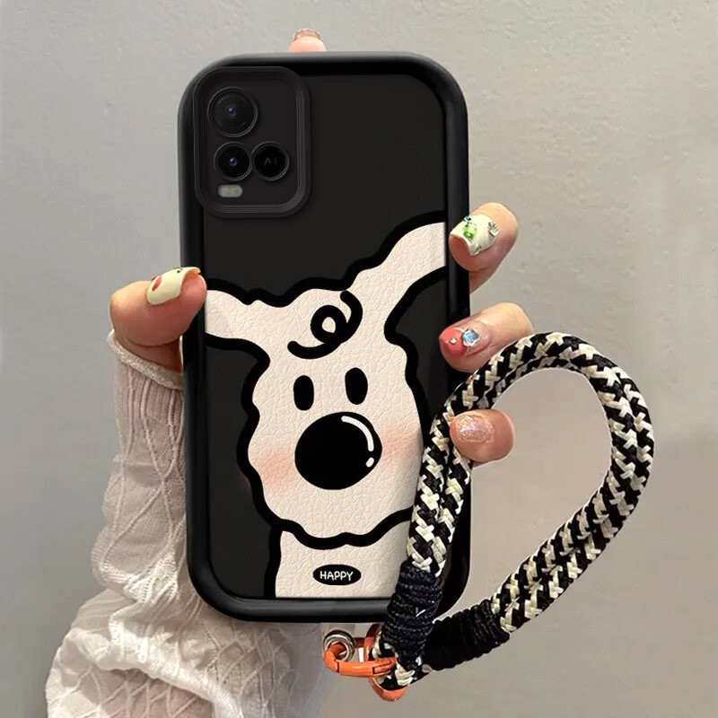 Case Vivo Y21 Y21t Y21s Y21e Y21a Anjing rambut putih gulung Lanyard Anti -fall kartun Indera tingka