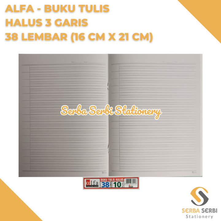 

(1 BIJI) ALFA - BUKU TULIS HALUS 3 GARIS ISI 38 LEMBAR (16 CM X 21 CM)