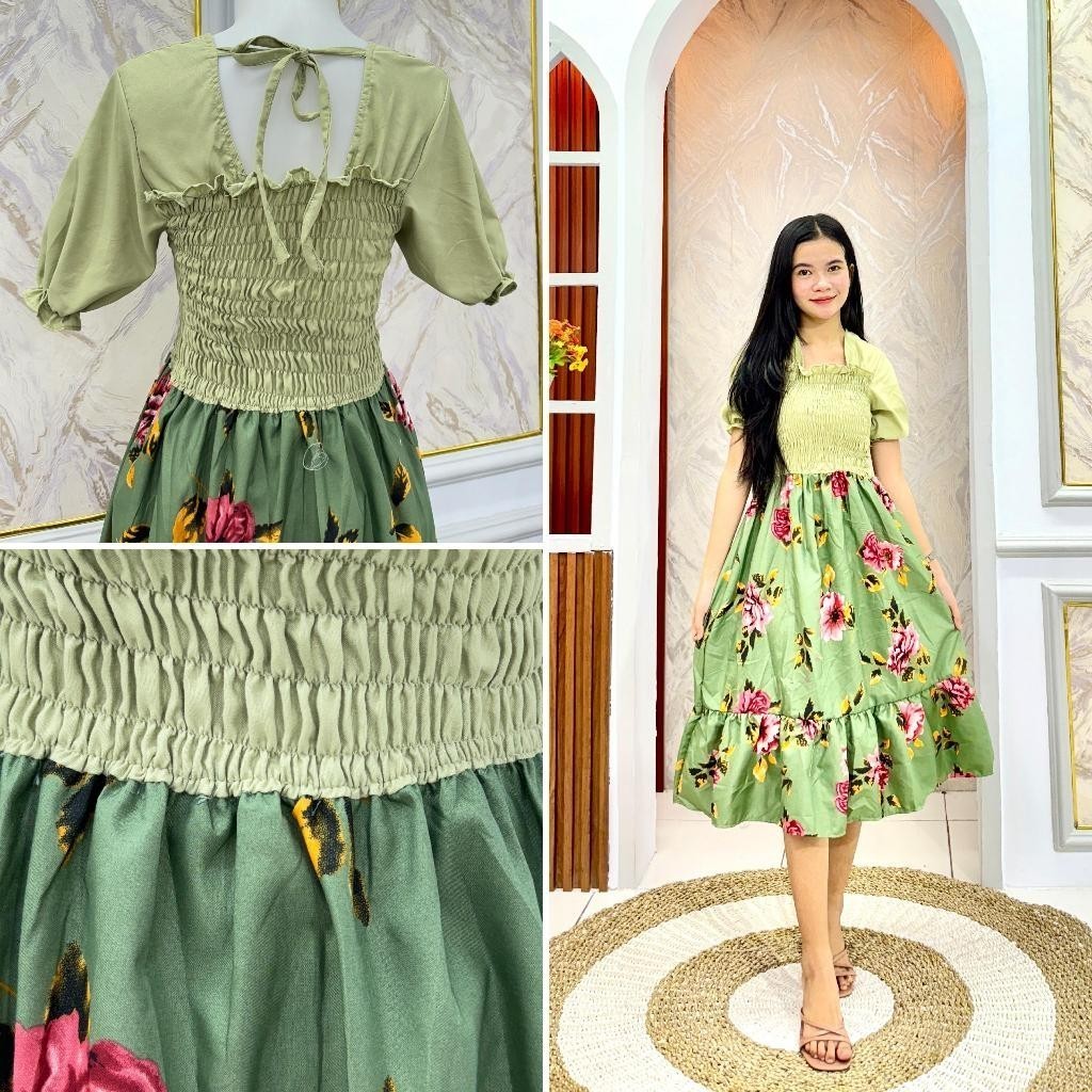 JIA Fashion  Baju Dress Wanita Kekinian / JIWON DRESS COMBINASI Motif Bunga / Dress Casual Terbaru /