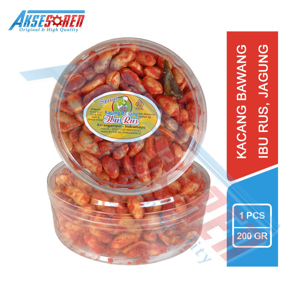 

Aksesoren Kacang Bawang Ibu Rus [Rasa Balado/250gr] / Kacang Goreng Cemilan Gurih Asin Pedas Manis / Kue Kering Toples Plastik Bening Bulat 250 Gram