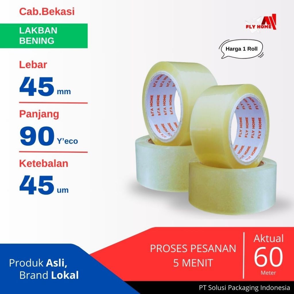 

FLYHOME 1Roll Lakban Bening 45x90Y 2inchi Solasi Uk Besar ECO 90 yard