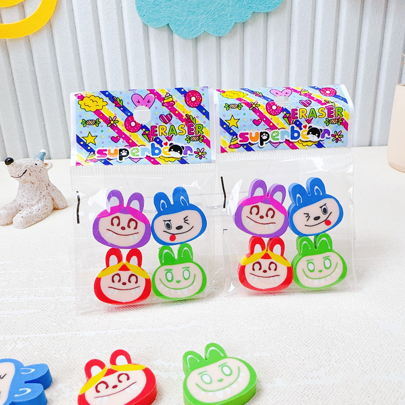 

HYPE N FANCY KARET PENGHAPUS SETIP MODEL GEPENG KARAKTER KEPALA LABUBU LABULABU LUBABU POPMART THE MONSTER 1 SET ISI 4 PCS ER-1715 ERASER HAPUSAN KARAKTER