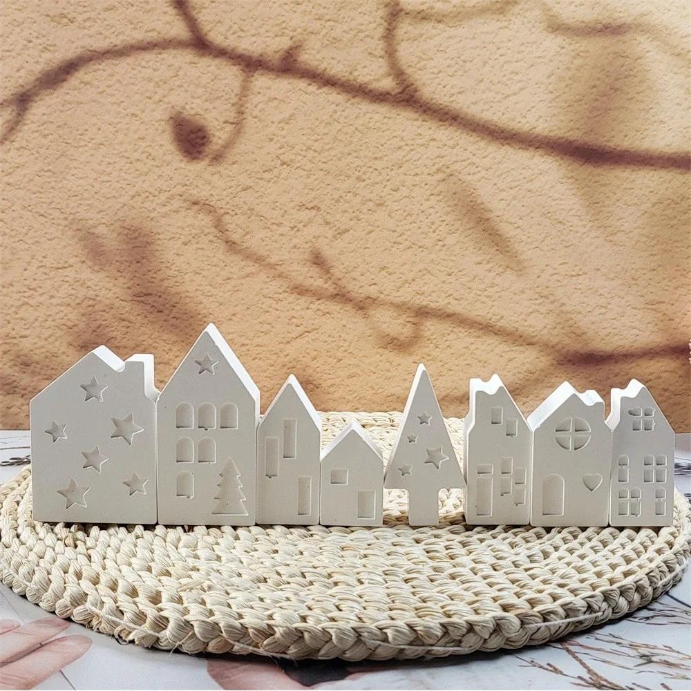 

A Row of Mini House Gypsum Plaster Silicone Molds DIY Star Windows Tree Door House Cement Concrete Mold Craft Resin Glue Mold