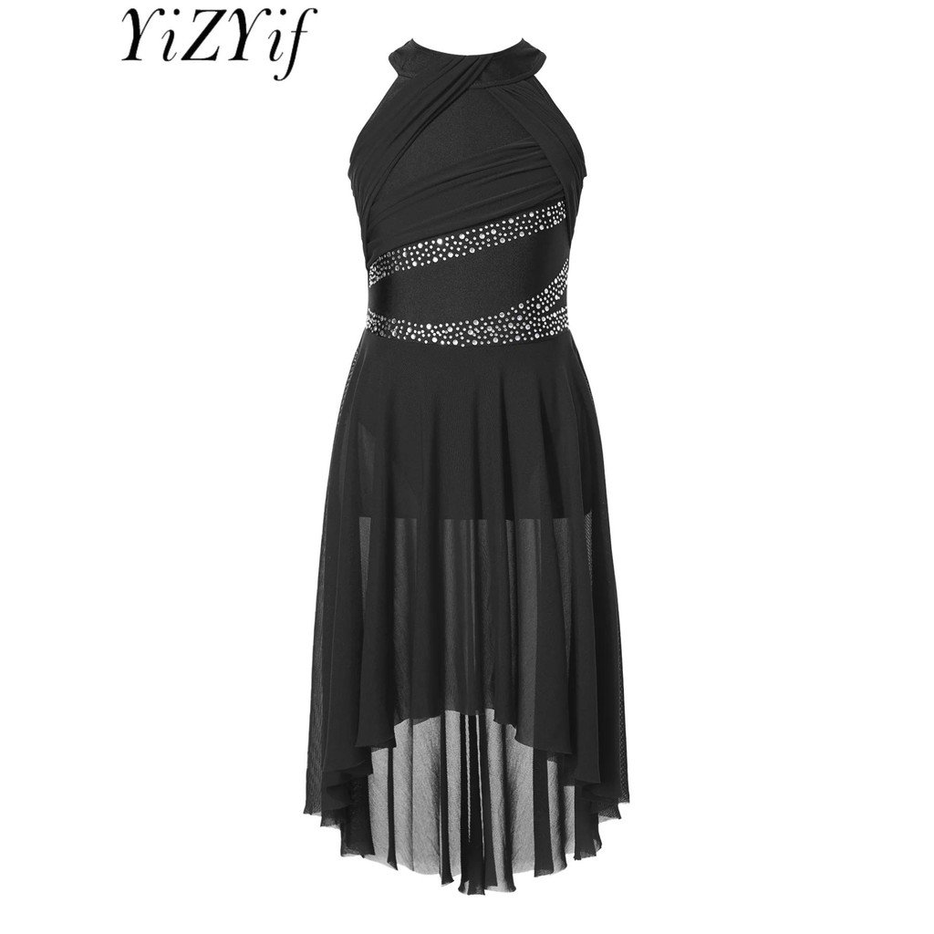 Girls Modern Lyrical Dance Dress Latin Ballet Gymnastics Ice Skating Costume Shiny Rhinestone Ruched
