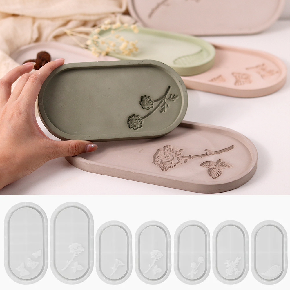 

Carved Flower Oval Tray Silicone Mold DIY Concrete Cement Storage Dish Mould Jewelry Display Plate Plaster Resin Casting Molds