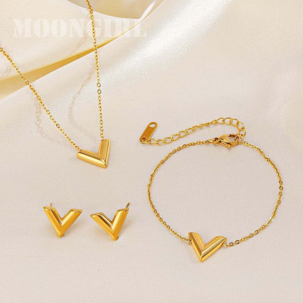 【Moongirl】Kalung Huruf V Niche Emas Rantai Tulang Selangka Wanita Gelang Anting Tidak Memudar Set 3 
