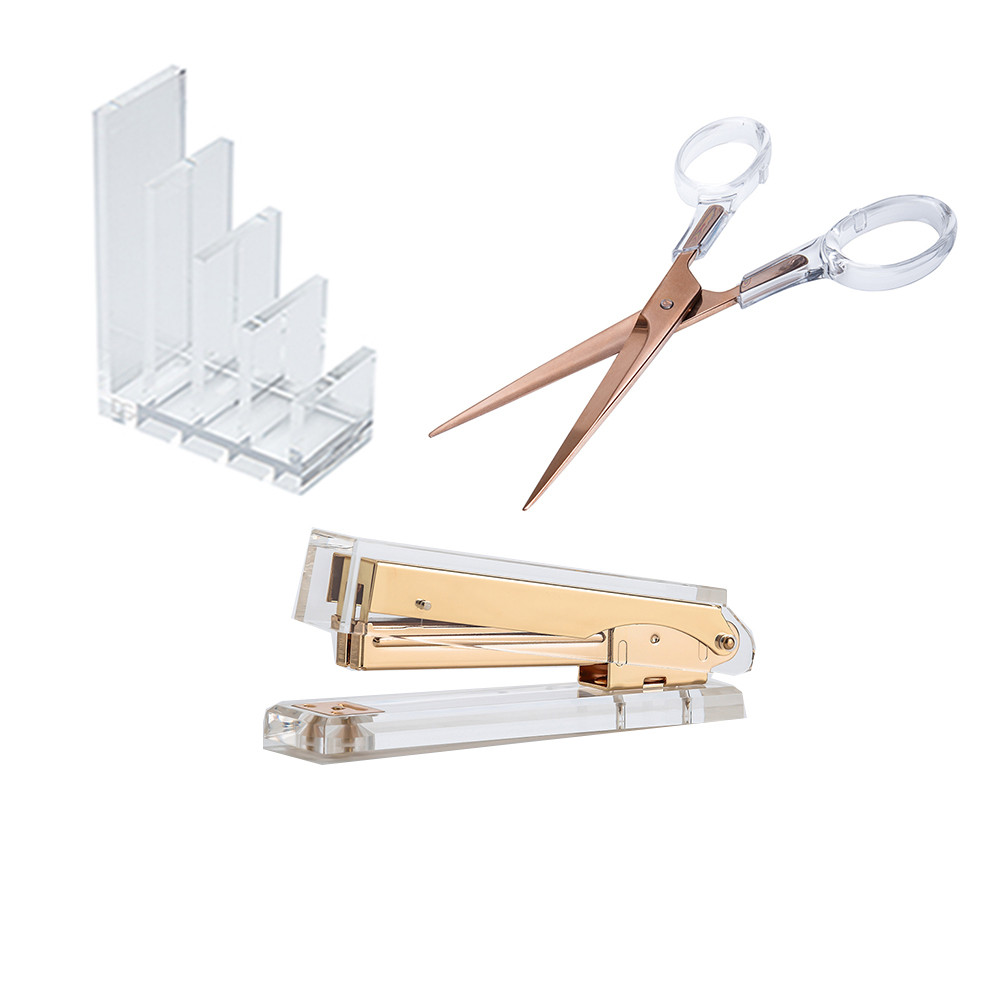 

Acrylic Gold Stationery Bundle: 1) Stapler 1)Scissors1 Acrylic File Organizer