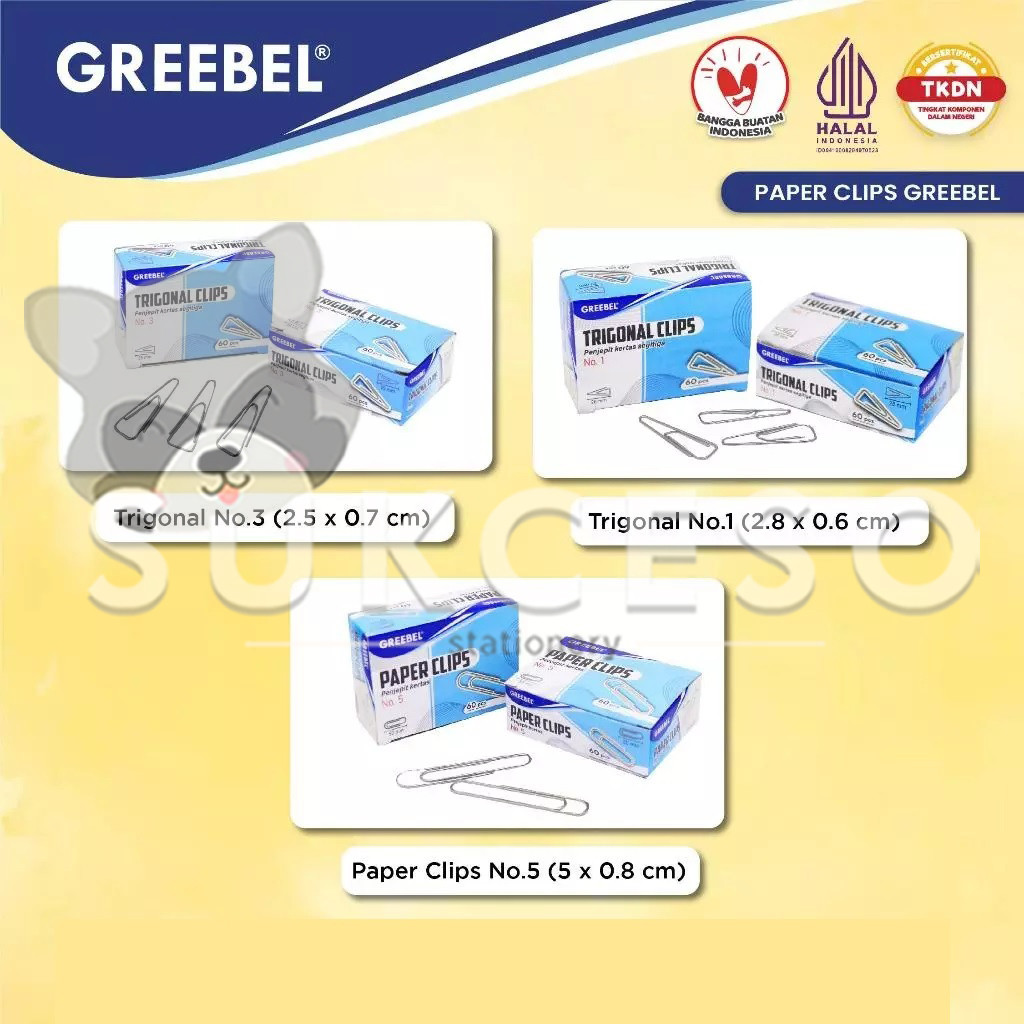 

GREEBEL Paper Trigonal Clip No. 1/3/5 DIJUAL PAK Isi 60 Klip Penjepit Jilid Kertas