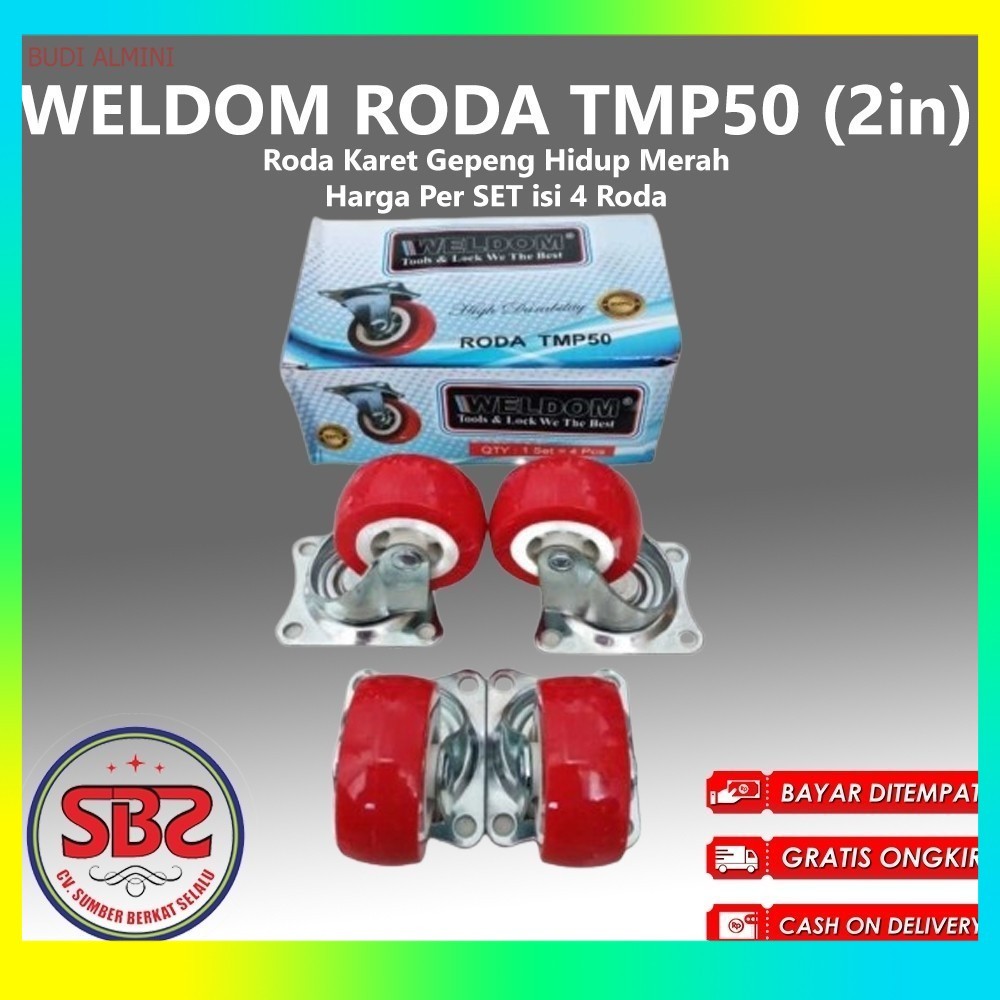 WELDOM Roda Karet Hidup Merah 2 inchi isi 4 pcs / Roda Karet Gepeng Hidup Merah Weldom (Roda Bundar 
