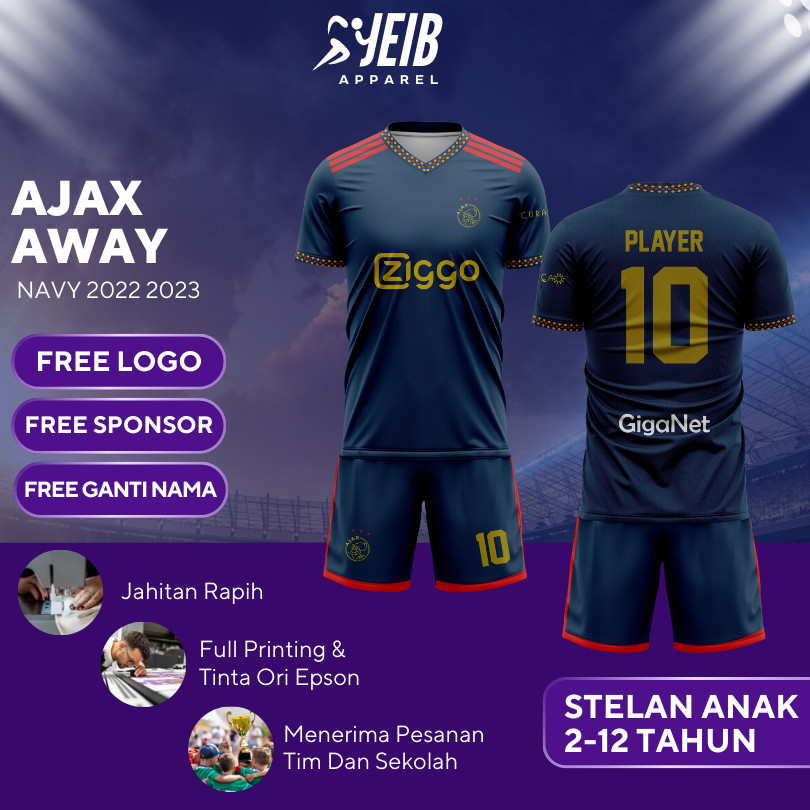 JERSEY BOLA ANAK AJAX AWAY NAVY 2022 2023 LIGA UEFA JERSEY KUALITAS PREMIUM JERSEY FULL PRINTING