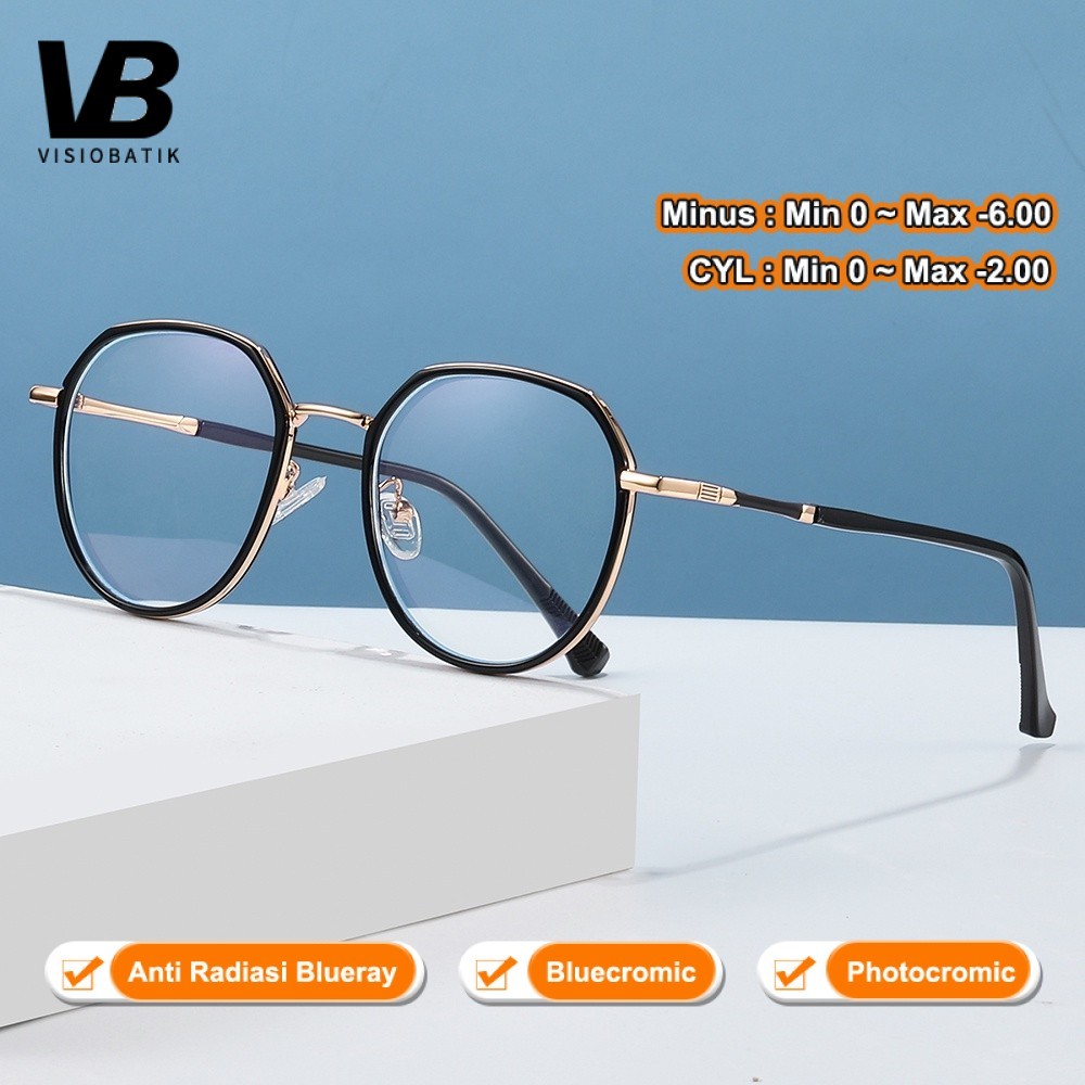 VisioBatik Photocromic Kacamata Round wanita minus 2 in 1 Bluecromic Anti Radiasi Blueray