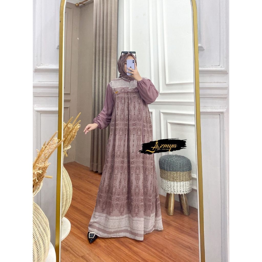 Mizna Dress Set Hijab Segiemapat Ceruty Babydoll Full Furing Gamis MIZNA Setelan JILBAB