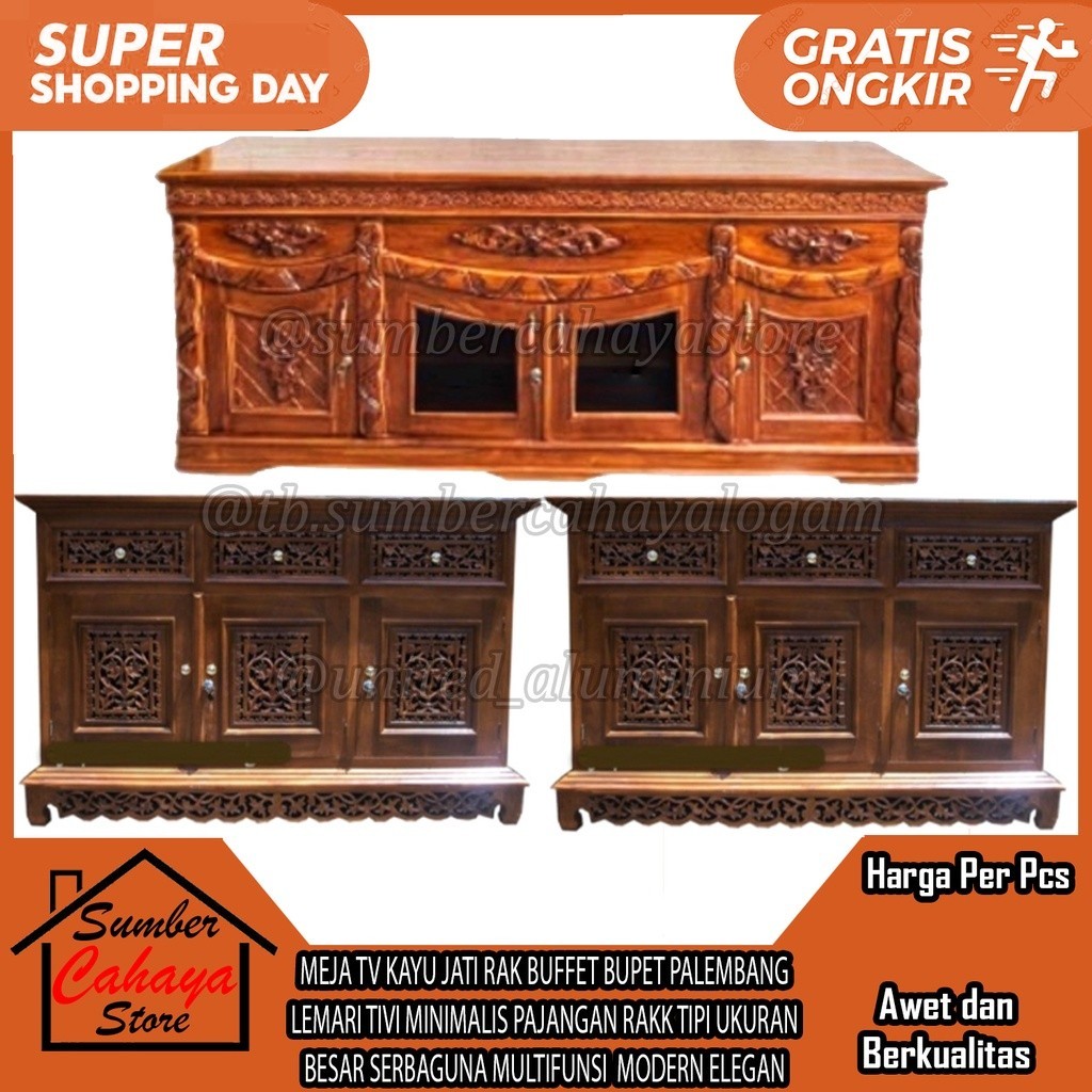 BUFFET TV BUPET PALEMBANG MEJA KAYU JATI RAK  LEMARI TIVI MINIMALIS PAJANGAN RAKK TIPI TELEVISI TELE