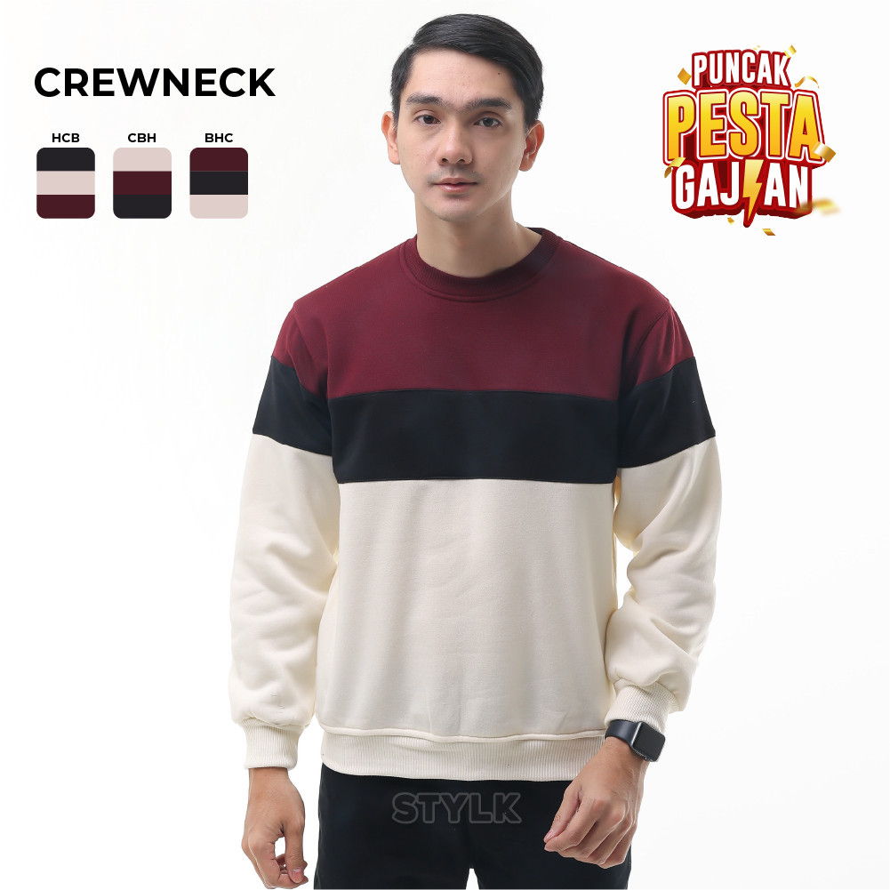 STYLELAKI Sweater Crewneck Kombinasi 3 Warna Unisex jaket - kaos pria