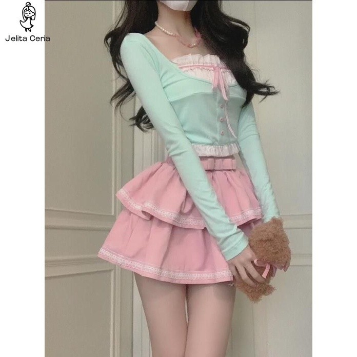 [ COD✅ ] JelitaCeria Setelan musim semi atasan pelangsing hijau mint gadis + rok renda merah muda ro