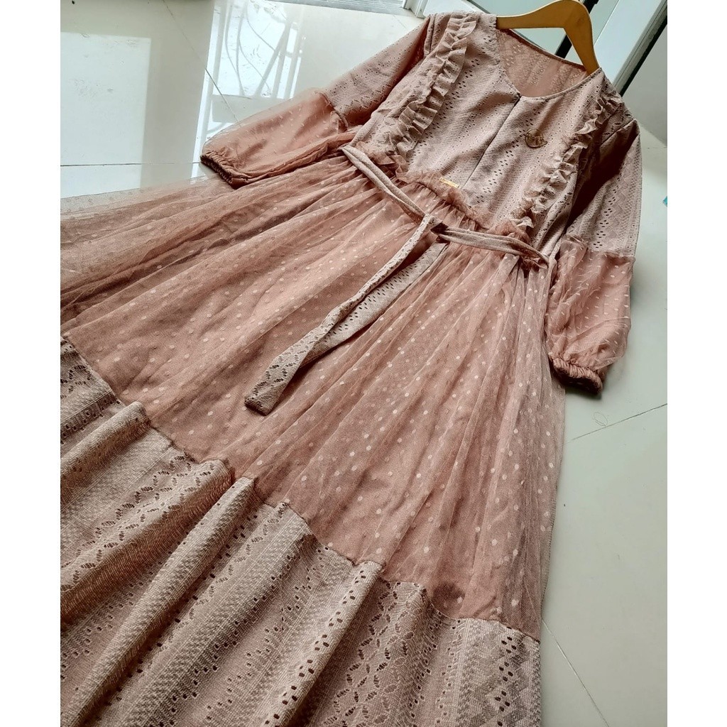 GAMIS BROCADE MIX TULLE   ZULFA DRESS FULL FURING / GAMIS PESTA BRUKAT ZULFA MIX TILE DOT/GAUN PESTA